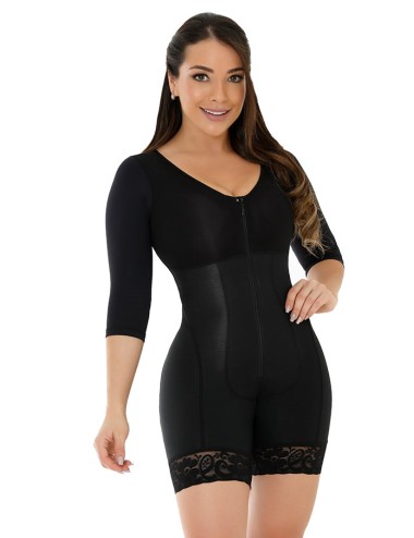 Bra-Less Full Body Mid Thigh Faja with 3/4 Length Sleeves Black